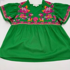 THML Anthropologie Green V-Neck Top with Pink & Orange Heart & Floral Embroidery